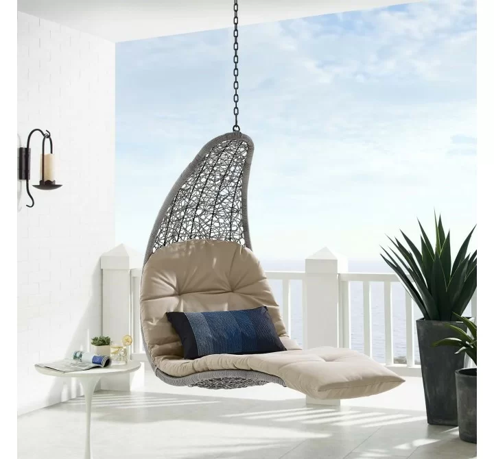 Modway Landscape Hanging Chaise Lounge Outdoor Patio Swing Chair in Light Gray Beige - Lifestyle