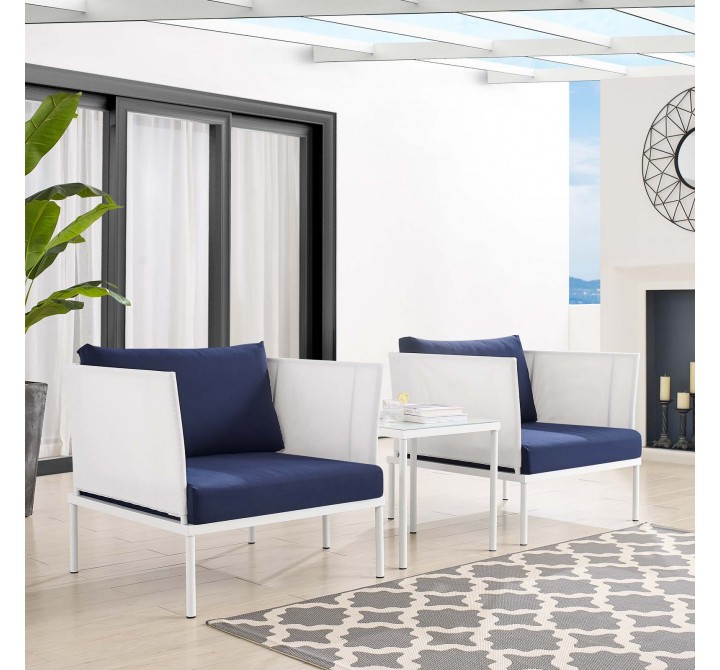 Modway Harmony 3-Piece Sunbrella® Outdoor Patio Aluminum Seating Set in White Navy - Lifestyle