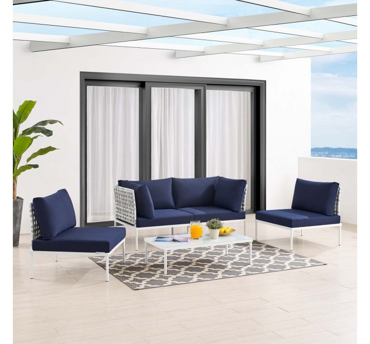 Modway Harmony 4-Piece Sunbrella® Basket Weave Outdoor Patio Aluminum Seating Set - Taupe Navy - Lifestyle
