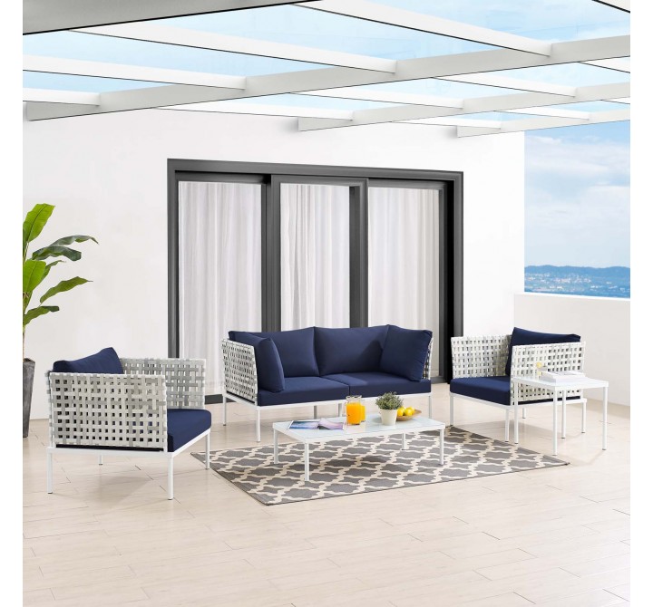 Modway Harmony 5-Piece Sunbrella® Basket Weave Outdoor Patio Aluminum Seating Set - Taupe Navy - Lifestyle