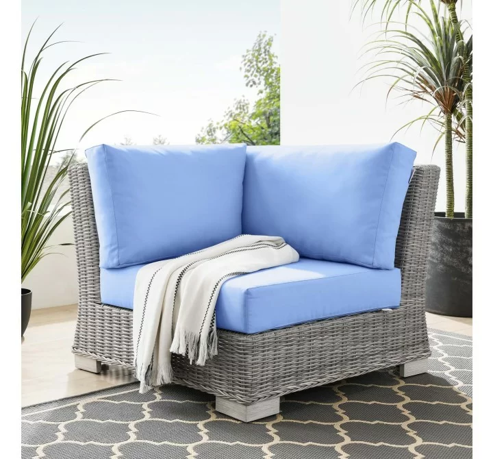 Modway Conway Outdoor Patio Wicker Rattan Corner Chair in Light Gray Light Blue - Lifestyle