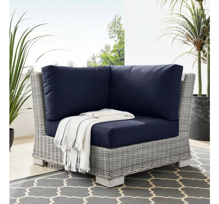 Modway Conway Outdoor Patio Wicker Rattan Corner Chair in Light Gray Navy - Lifestyle
