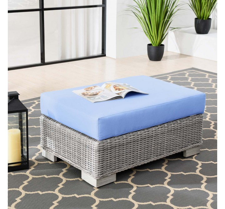 Modway Conway Outdoor Patio Wicker Rattan Ottoman in Light Gray Light Blue - Lifestyle