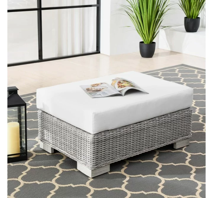 Modway Conway Outdoor Patio Wicker Rattan Ottoman in Light Gray White - Lifestyle