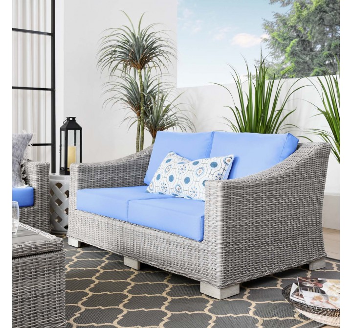 Modway Conway Outdoor Patio Wicker Rattan Loveseat in Light Gray Light Blue - Lifestyle