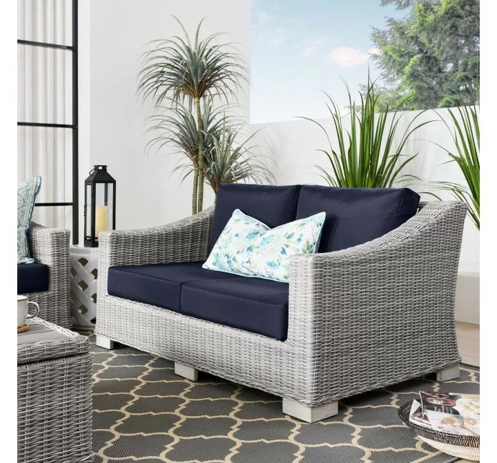 Modway Conway Outdoor Patio Wicker Rattan Loveseat - Light Gray Navy - Lifestyle