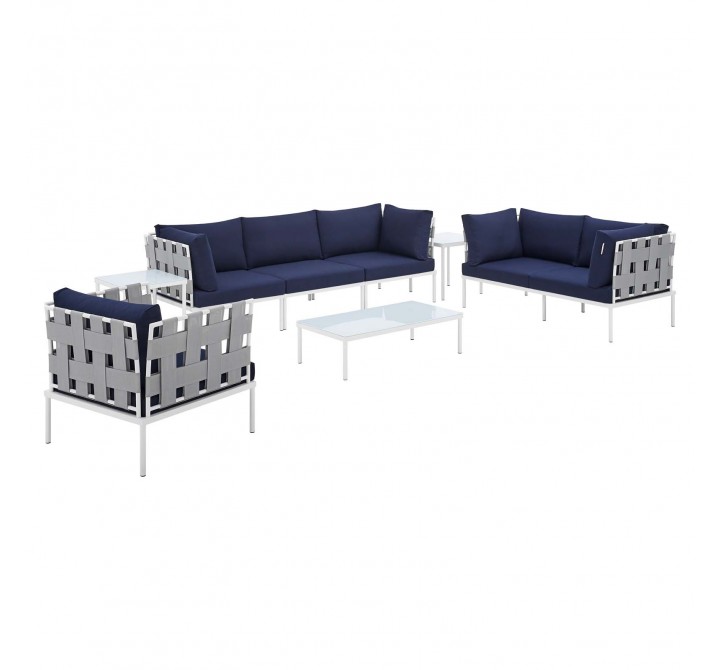 Modway Harmony 8-Piece Sunbrella® Outdoor Patio Aluminum Seating Set - Gray Navy - Set in Front Side Angle