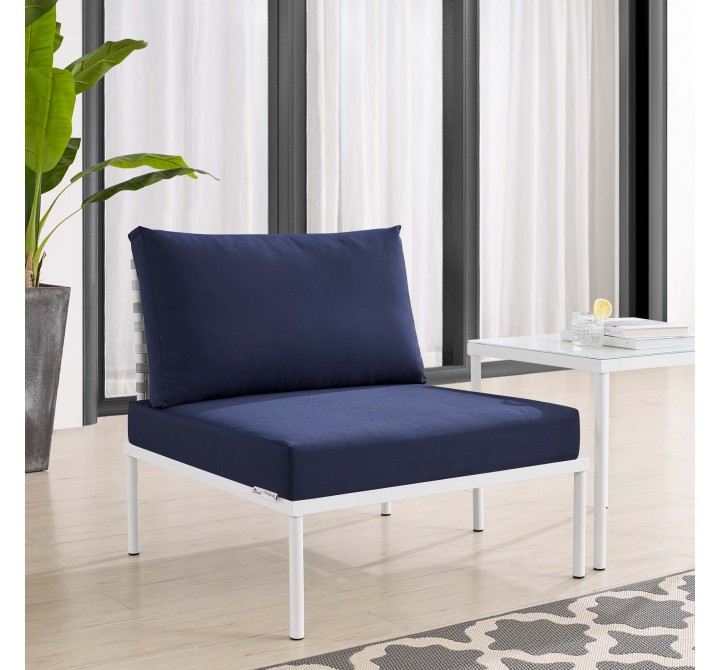 Modway Harmony Sunbrella® Basket Weave Outdoor Patio Aluminum Armless Chair - Tan Navy - Lifestyle