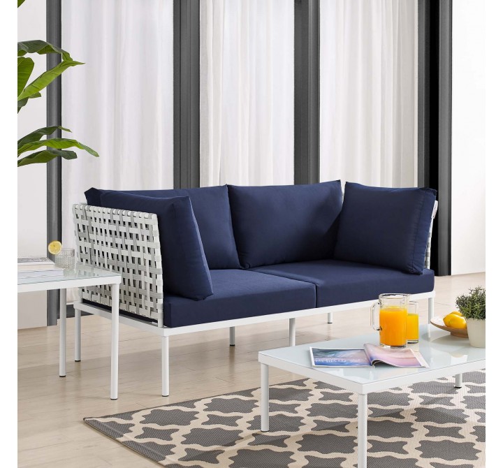 Modway Harmony Sunbrella® Basket Weave Outdoor Patio Aluminum Loveseat in Taupe Navy - Lifestyle