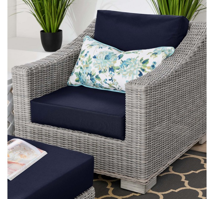 Modway Conway Outdoor Patio Wicker Rattan 2-Piece Armchair and Ottoman Set - Light Gray Navy - Lifestyle