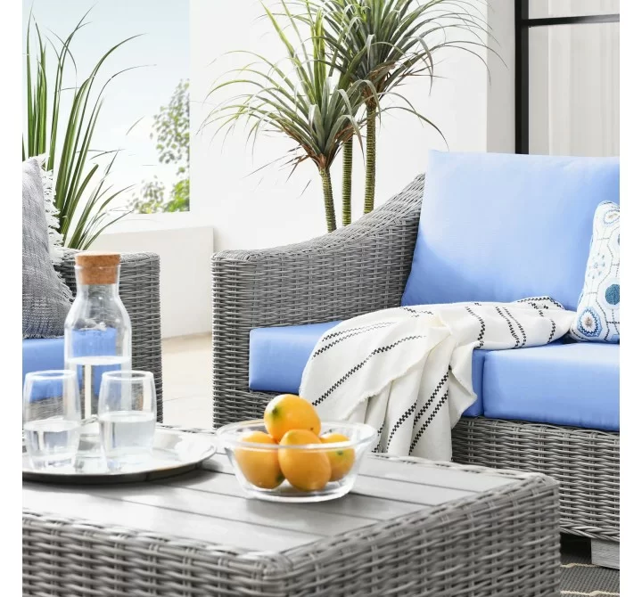 Modway Conway 4-Piece Outdoor Patio Wicker Rattan Furniture Set - Light Gray Light Blue - Lifestyle