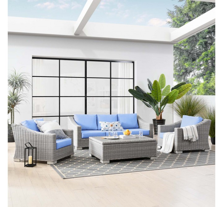 Modway Conway 4-Piece Outdoor Patio Wicker Rattan Furniture Set in Light Gray Light Blue - Lifestyle