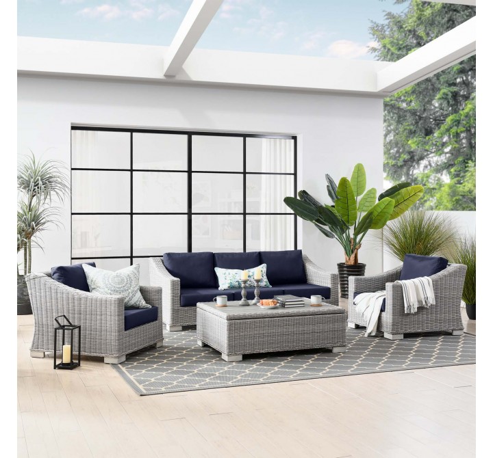 Modway Conway 4-Piece Outdoor Patio Wicker Rattan Furniture Set - Light Gray Navy - Lifestyle