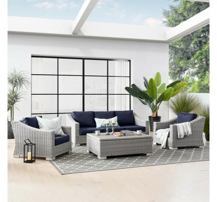 Modway Conway 4-Piece Outdoor Patio Wicker Rattan Furniture Set - Light Gray Navy - Lifestyle