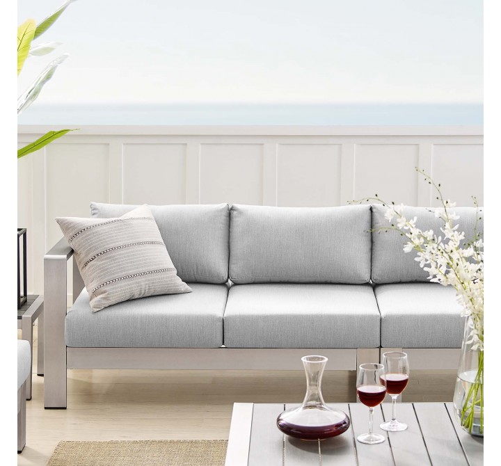 Modway Shore Sunbrella® Fabric Outdoor Patio Aluminum 7 Piece Sectional Sofa Set - Silver Gray - Lifestyle