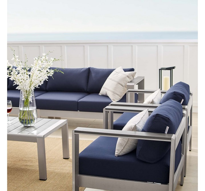 Modway Shore Sunbrella® Fabric Outdoor Patio Aluminum 7 Piece Sectional Sofa Set - Silver Navy - Lifestyle
