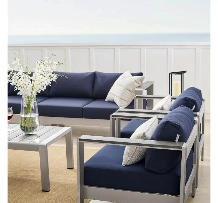Modway Shore Sunbrella® Fabric Outdoor Patio Aluminum 7 Piece Sectional Sofa Set - Silver Navy - Lifestyle
