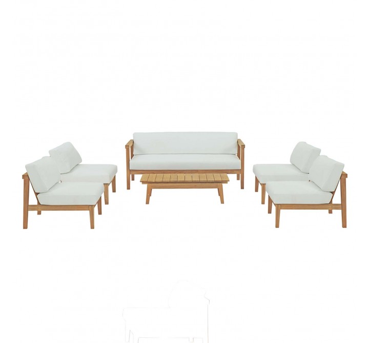 Modway Bayport 6 Piece Outdoor Patio Teak Set - Natural White - Set in Front Angle