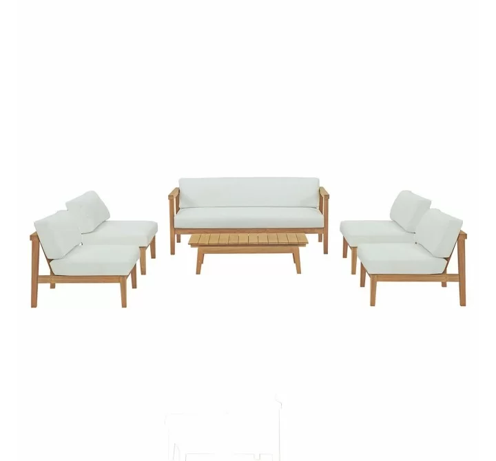 Modway Bayport 6 Piece Outdoor Patio Teak Set - Natural White - Set in Front Angle