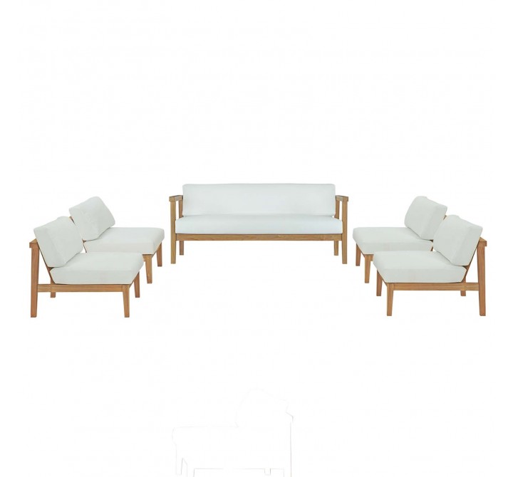 Modway Bayport 5 Piece Outdoor Patio Teak Set - Natural White - Set in Front Angle