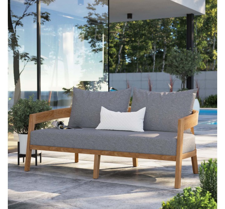 Modway Brisbane Teak Wood Outdoor Patio Loveseat in Natural Gray - Lifestyle