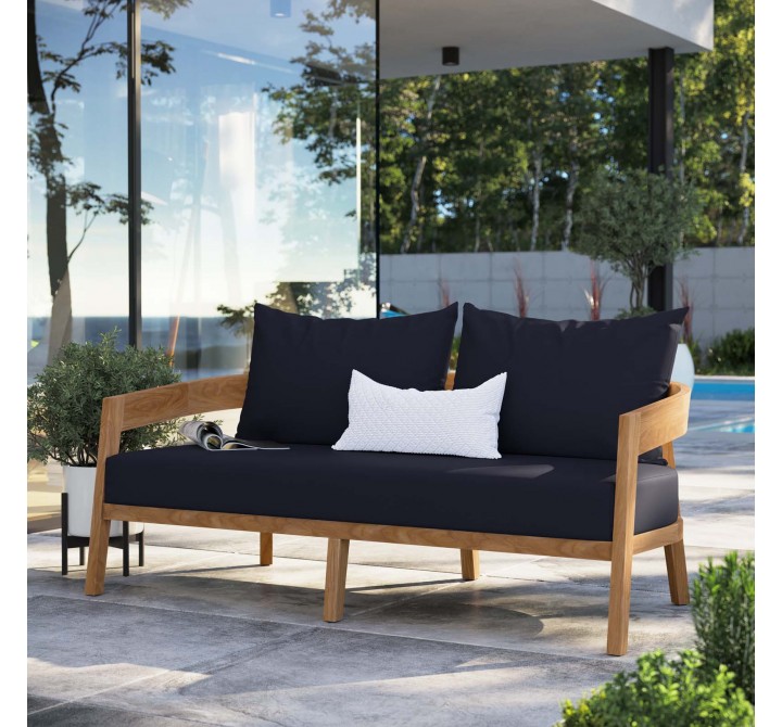 Modway Brisbane Teak Wood Outdoor Patio Loveseat in Natural Navy - Lifestyle
