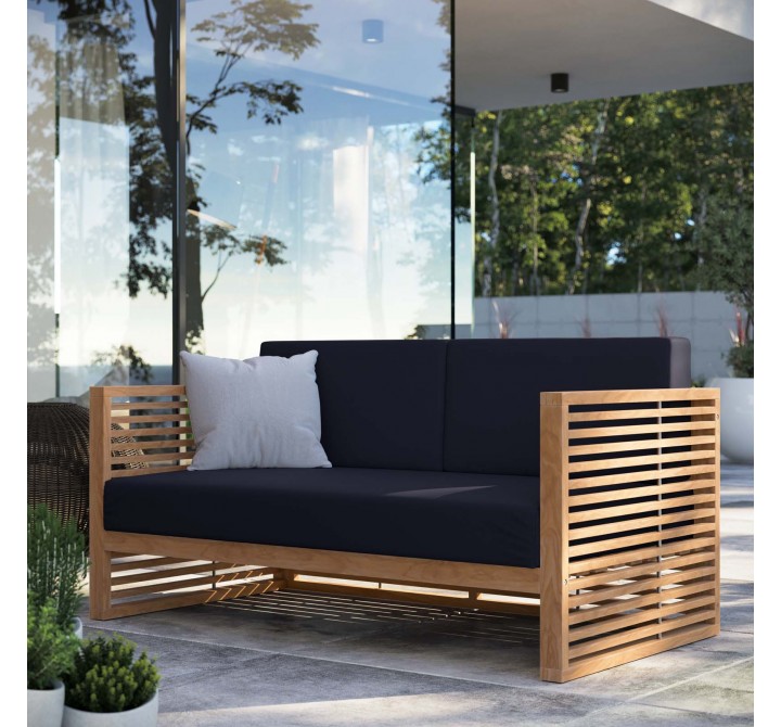 Modway Carlsbad Teak Wood Outdoor Patio Loveseat in Natural Navy - Lifestyle