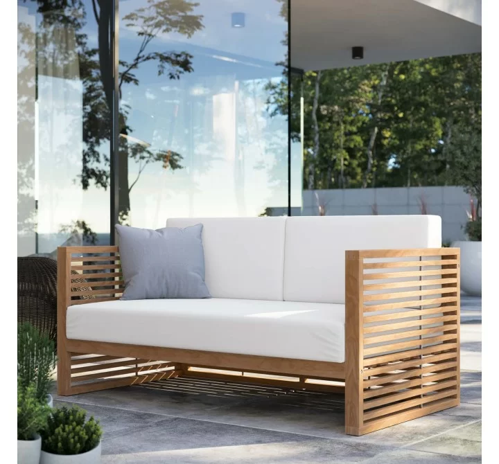 Modway Carlsbad Teak Wood Outdoor Patio Loveseat - Natural White - Lifestyle