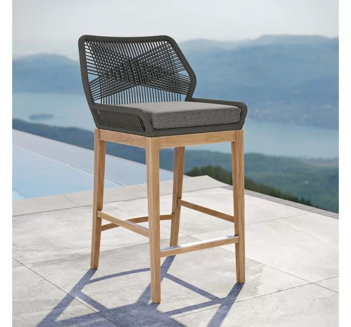 Modway Wellspring Outdoor Patio Teak Wood Bar Stool in Gray Graphite - Lifestyle