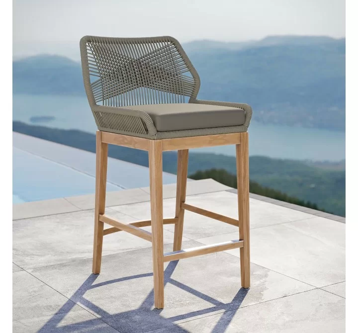 Modway Wellspring Outdoor Patio Teak Wood Bar Stool - Light Gray Greige - Lifestyle
