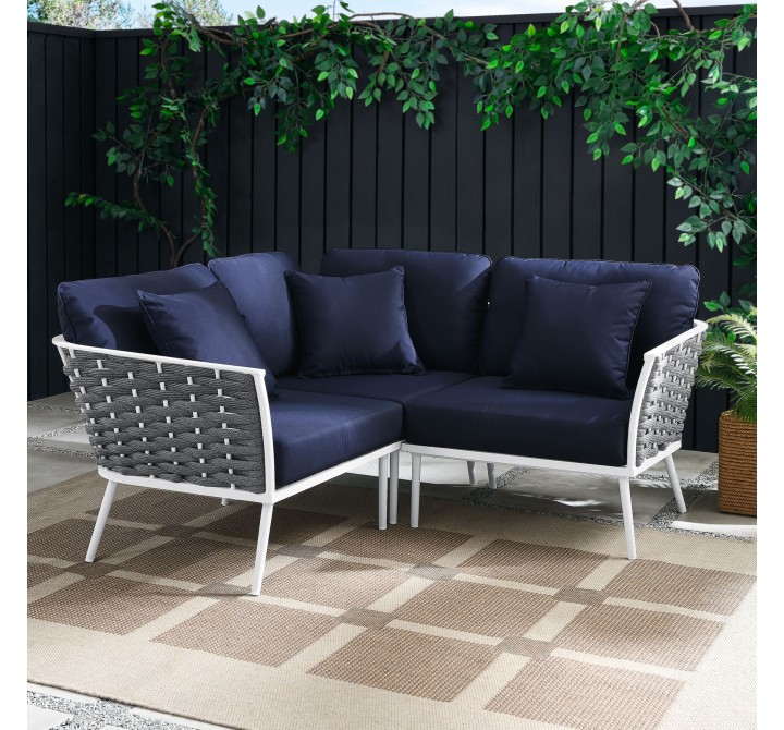 Modway Stance Outdoor Patio Aluminum Small Sectional Sofa in White Navy - Lifestyle
