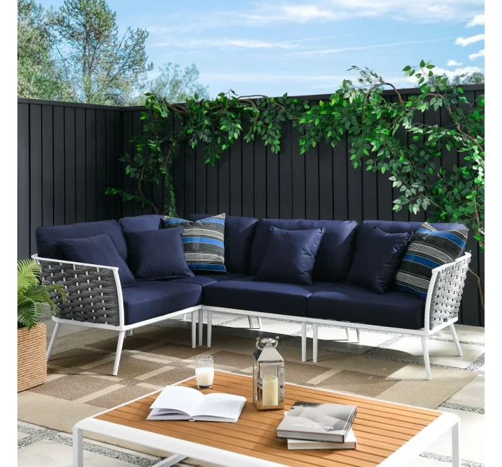 Modway Stance Outdoor Patio Aluminum Large Sectional Sofa in White Navy - Lifestyle