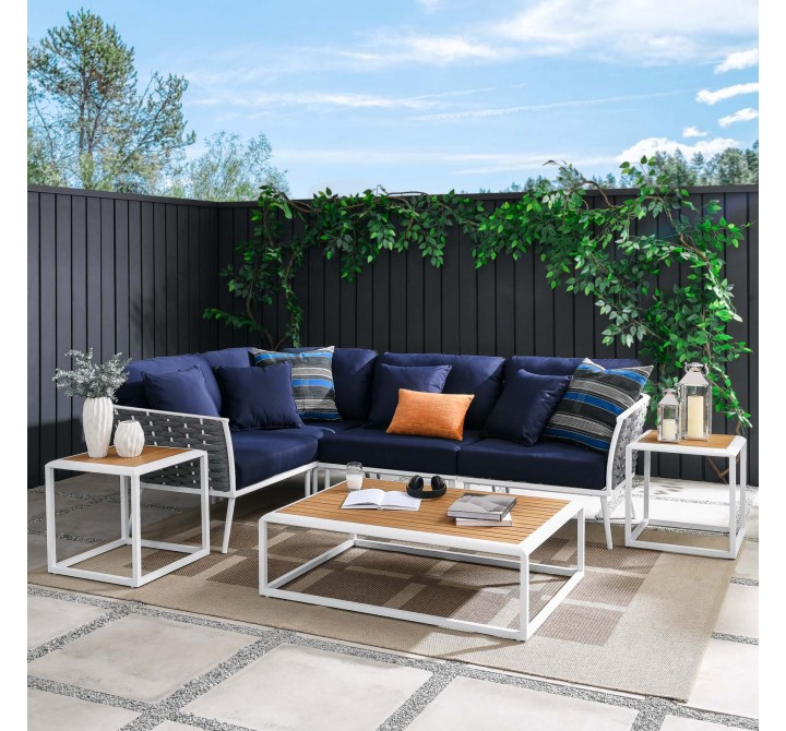Modway Stance 7 Piece Outdoor Patio Aluminum Sectional Sofa Set in White Navy - Lifestyle