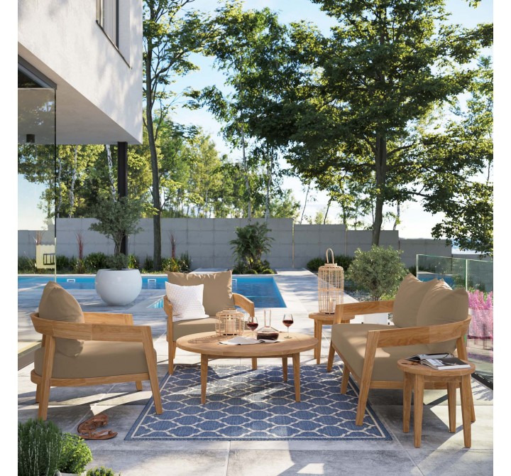 Modway Brisbane 6-Piece Teak Wood Outdoor Patio Set in Natural Light Brown - Lifestyle