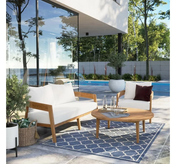 Modway Brisbane 3-Piece Teak Wood Outdoor Patio Set in Natural White - Lifestyle