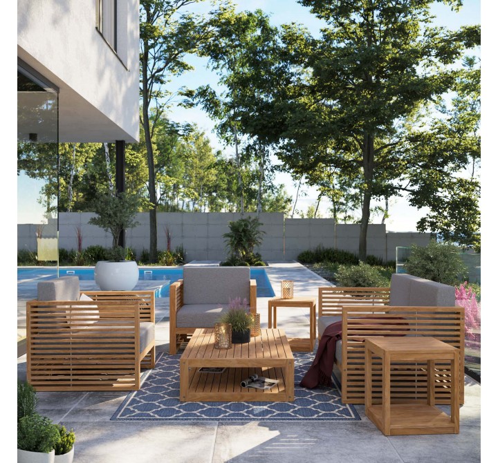 Modway Carlsbad 6-Piece Teak Wood Outdoor Patio Set in Natural Gray - Lifestyle