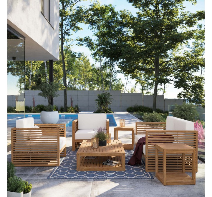 Modway Carlsbad 6-Piece Teak Wood Outdoor Patio Set - Natural White - Lifestyle