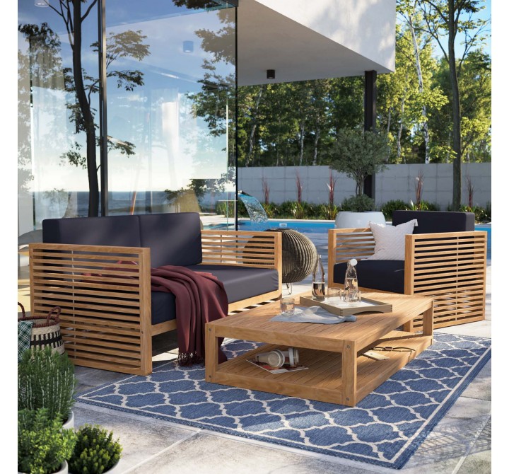 Modway Carlsbad 3-Piece Teak Wood Outdoor Patio Set in Natural Navy - Lifestyle