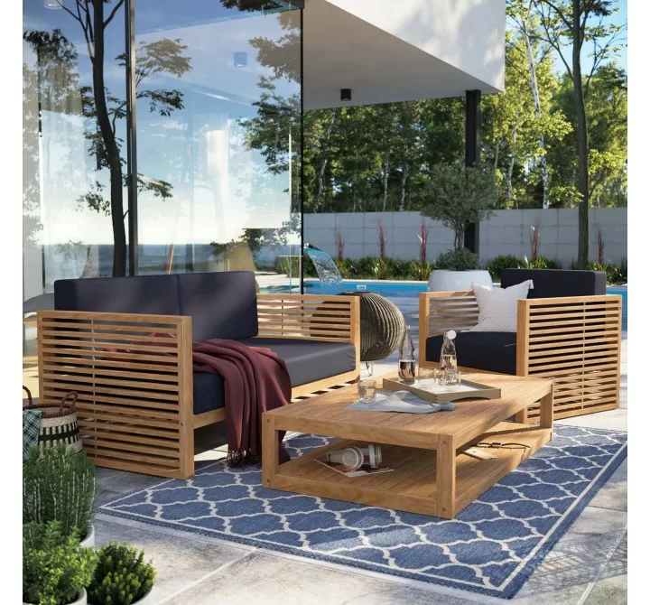 Modway Carlsbad 3-Piece Teak Wood Outdoor Patio Set in Natural Navy - Lifestyle
