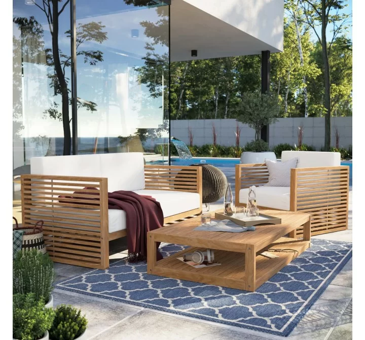 Modway Carlsbad 3-Piece Teak Wood Outdoor Patio Set - Natural White - Lifestyle
