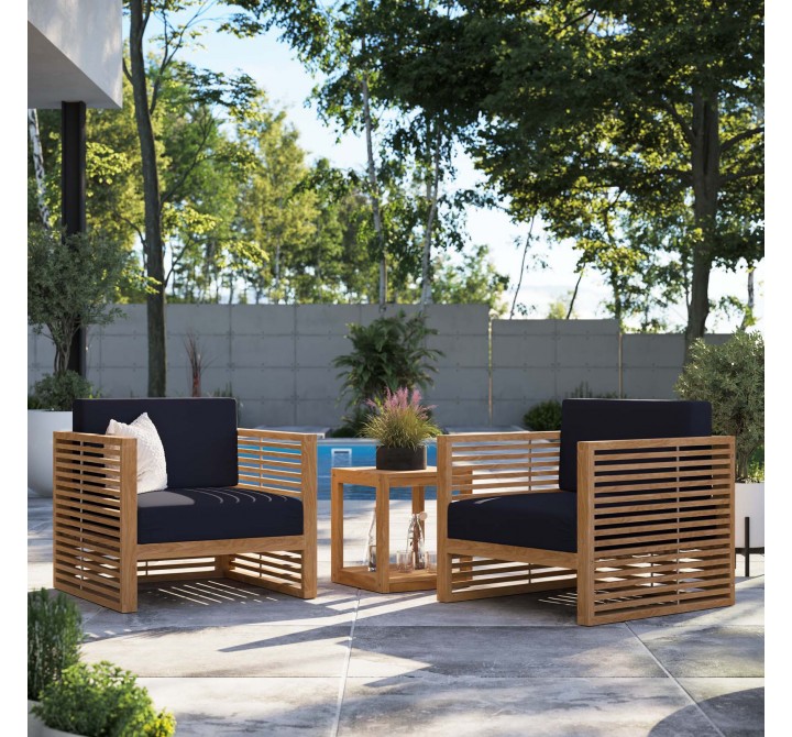 Modway Carlsbad 3-Piece Teak Wood Outdoor Patio Set - Natural Navy - Lifestyle