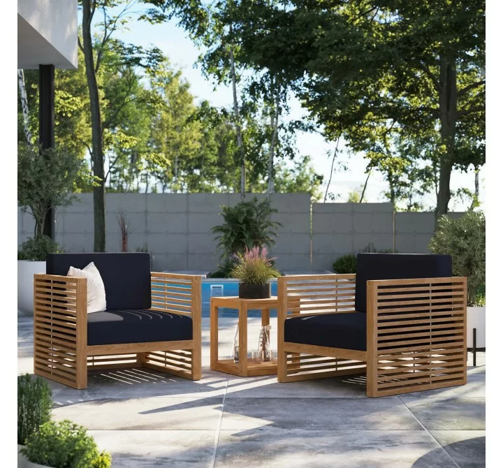 Modway Carlsbad 3-Piece Teak Wood Outdoor Patio Set - Natural Navy - Lifestyle