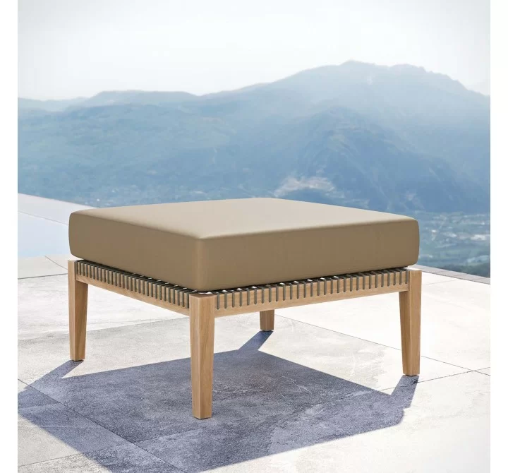 Modway Clearwater Outdoor Patio Teak Wood Ottoman in Gray  Light Brown - Lifestyle