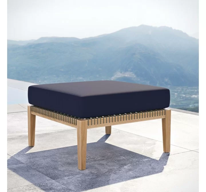 Modway Clearwater Outdoor Patio Teak Wood Ottoman in Gray Navy - Lifestyle