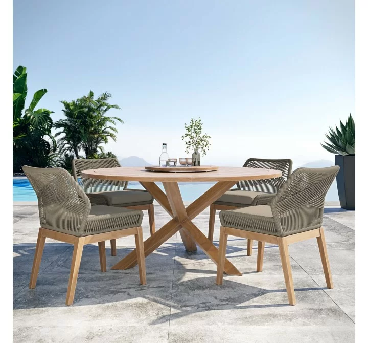 Modway Wellspring 5-Piece Outdoor Patio Teak Wood Dining Set in Light Gray Greige - Lifestyle