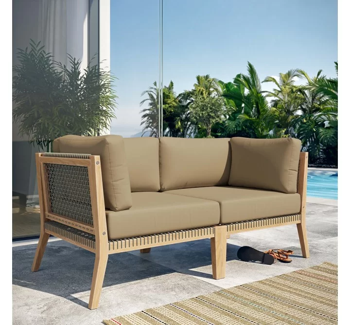 Modway Clearwater Outdoor Patio Teak Wood Loveseat in Gray Light Brown - Lifestyle