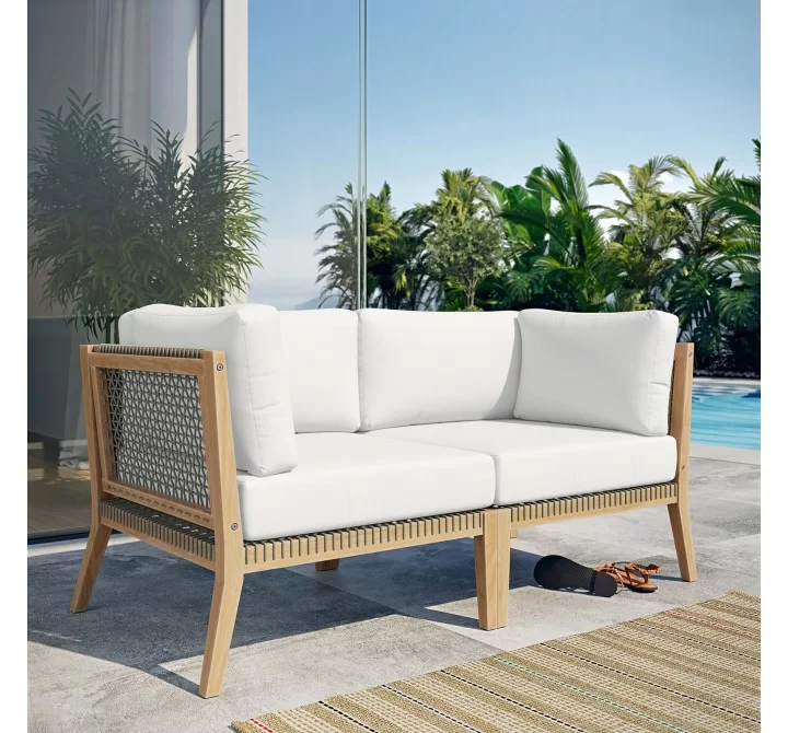 Modway Clearwater Outdoor Patio Teak Wood Loveseat in Gray White- Lifestyle