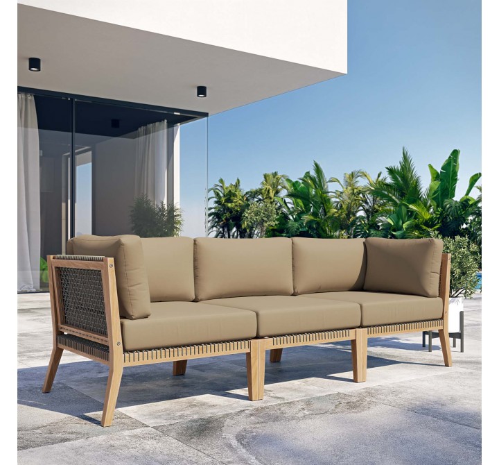 Modway Clearwater Outdoor Patio Teak Wood Sofa in Gray Light Brown - Lifestyle