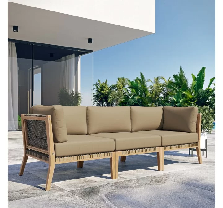Modway Clearwater Outdoor Patio Teak Wood Sofa in Gray Light Brown - Lifestyle