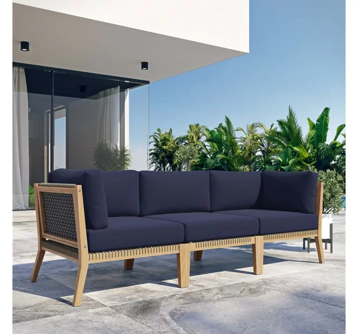 Modway Clearwater Outdoor Patio Teak Wood Sofa in Gray Navy - Lifestyle